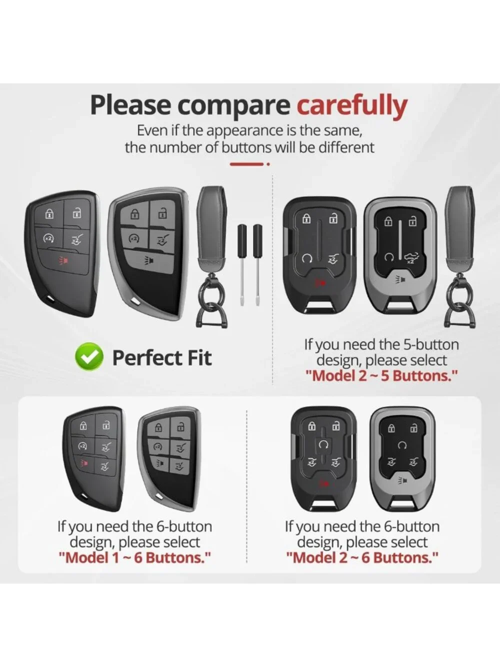 Matte TPU Key Fob Cover with Leather Keychain for Chevy GMC - 5 Button Accessory
